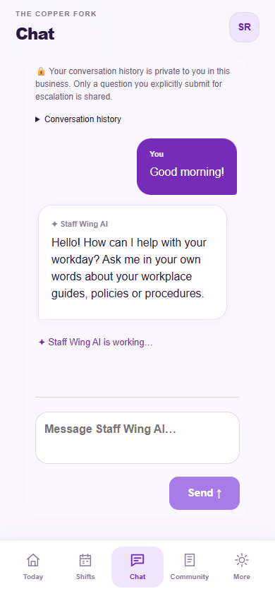 Staff Wing AI conversation screen in the mobile app