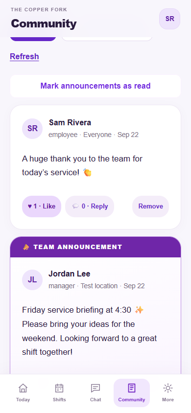 Staff Wing Community showing team posts and a highlighted announcement